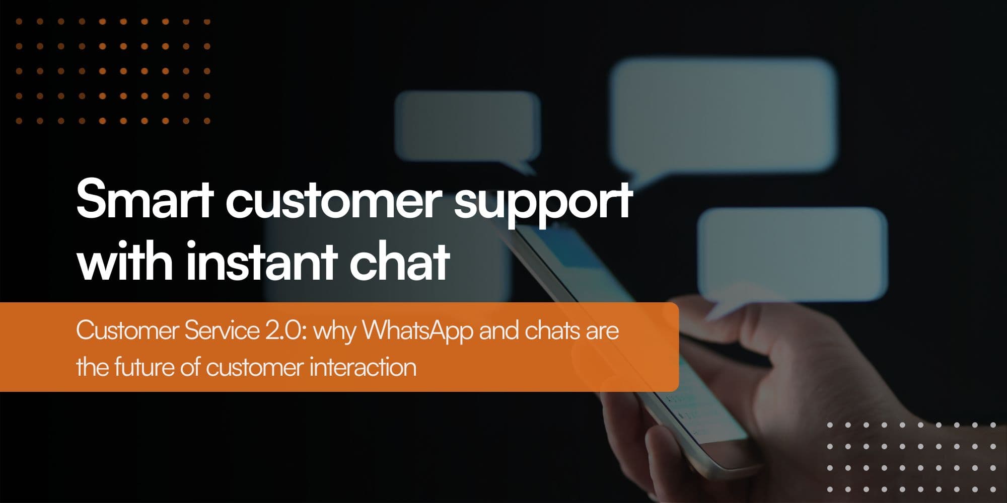 Human hand on a black background holding a smartphone with chat icons emerging, representing chat support service.