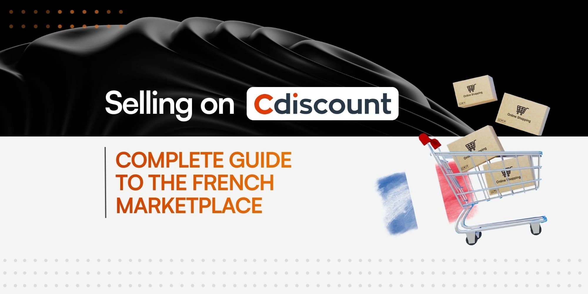 A shopping cart filled with packages against a French flag background, representing the French origin of the Cdiscount marketplace.