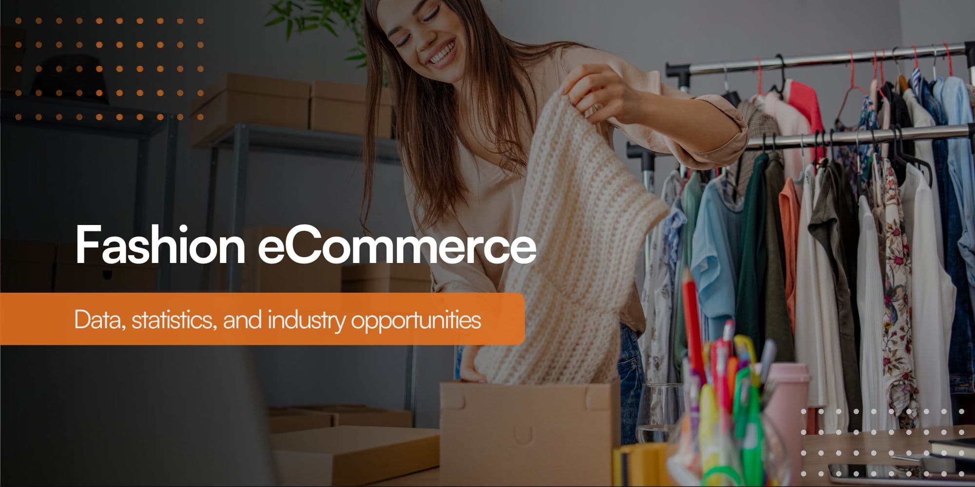 A woman opens a package and takes out an elegant clothing item, symbolizing fashion commerce and the online shopping experience.