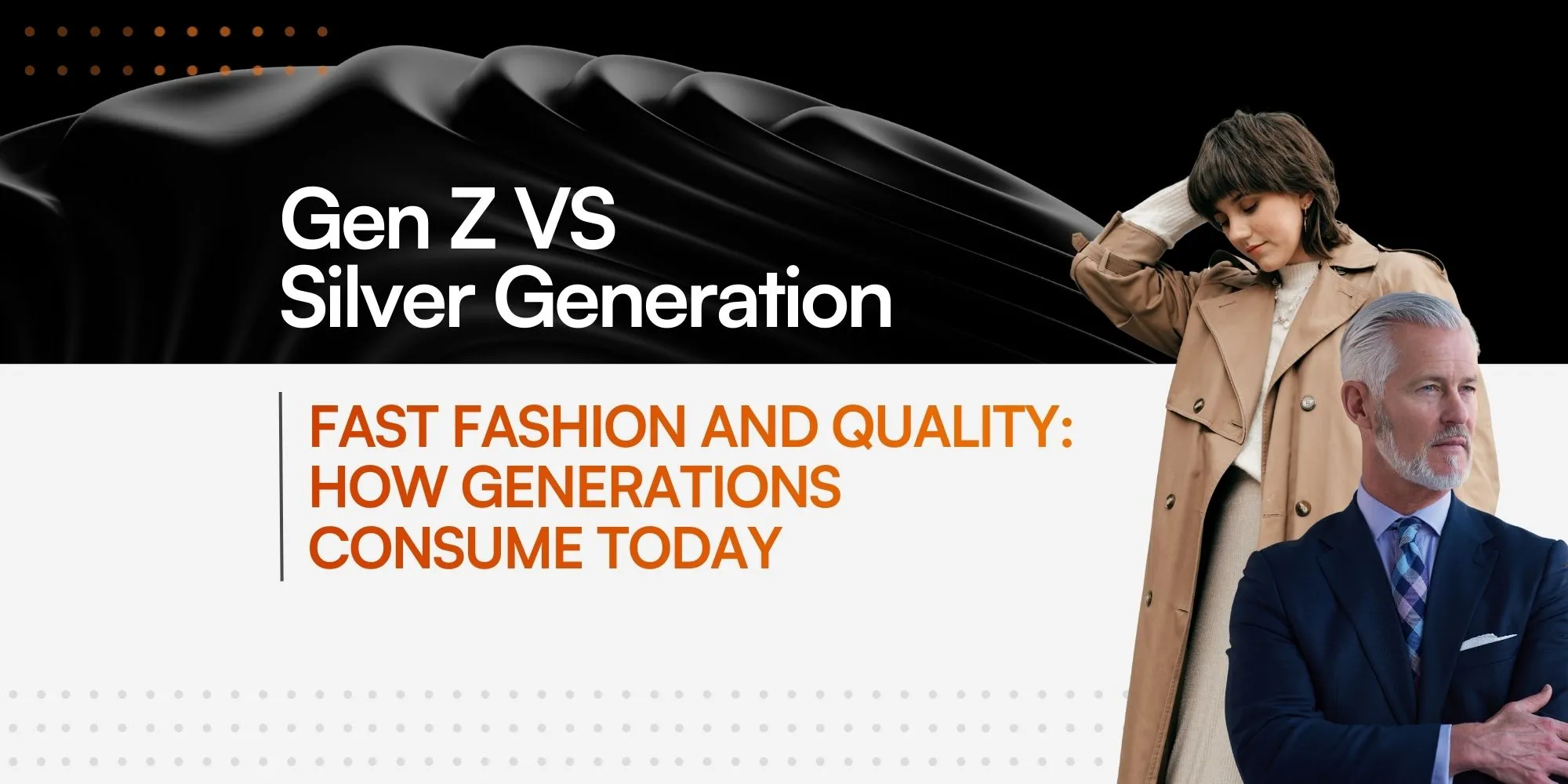 A young woman and a silver-generation man stand side by side, facing the viewer. The two subjects visually represent dialogue and connection between different generations.