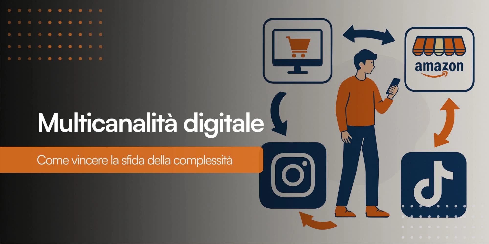 Illustrazione di un uomo con in mano uno smartphone, circondato dalle icone di Amazon, Instagram, TikTok e di un e-shop proprietario, a rappresentare lo shopping su diversi canali online.