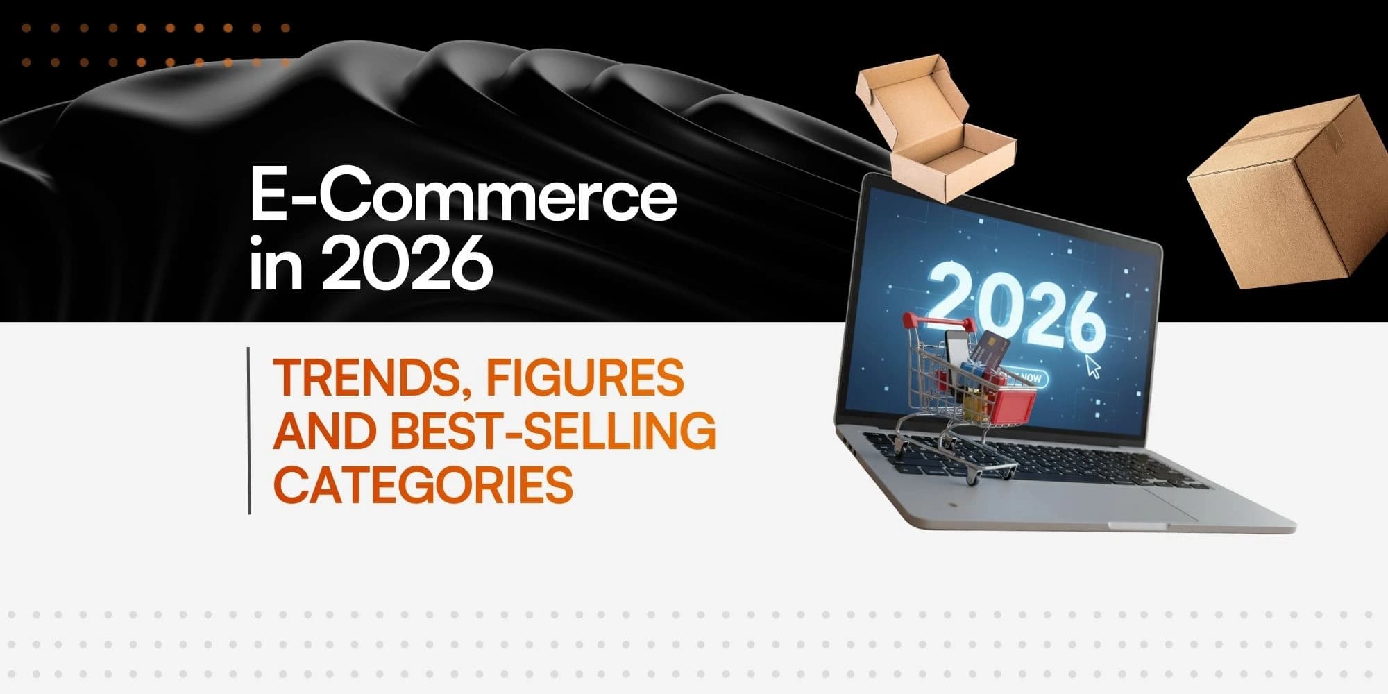 A computer screen displaying the year 2026, flanked by cardboard shipping boxes, symbolizing this year's online shopping activity.