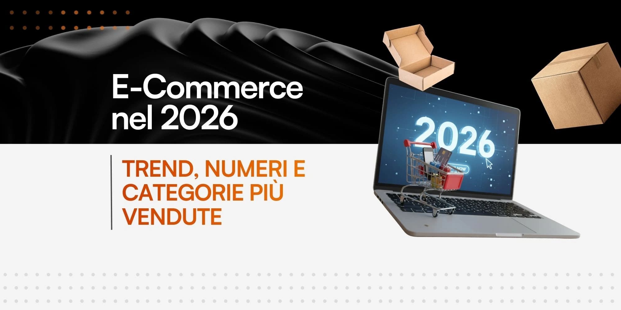 Un computer con la scritta 2026 sul monitor, affiancato da diversi scatoloni di cartone pronti per la spedizione, a simboleggiare gli acquisti online dell'anno corrente.