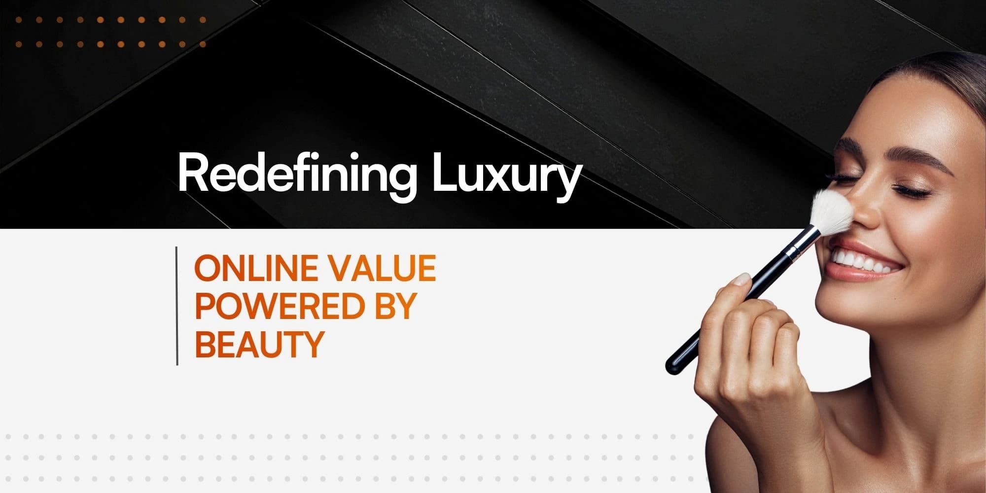 Smiling Caucasian woman applying a product to her nose with a large makeup brush.