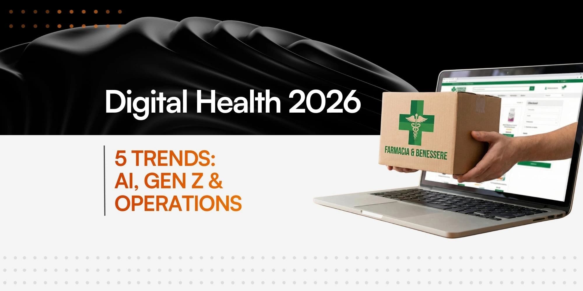Hands emerging from a laptop screen holding out a box of medicine, symbolizing the online healthcare and pharmaceutical market.