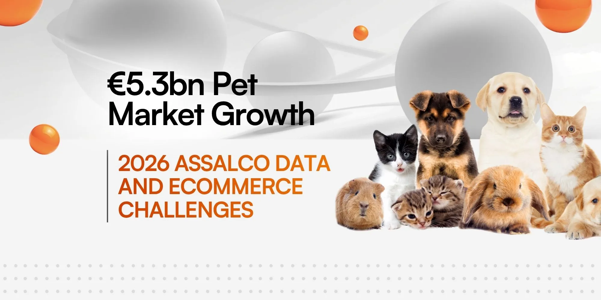 Banner reading "€5.3bn Pet Market Growth. 2026 Assalco data and ecommerce challenges" featuring a group of puppies, kittens, and small rodents.