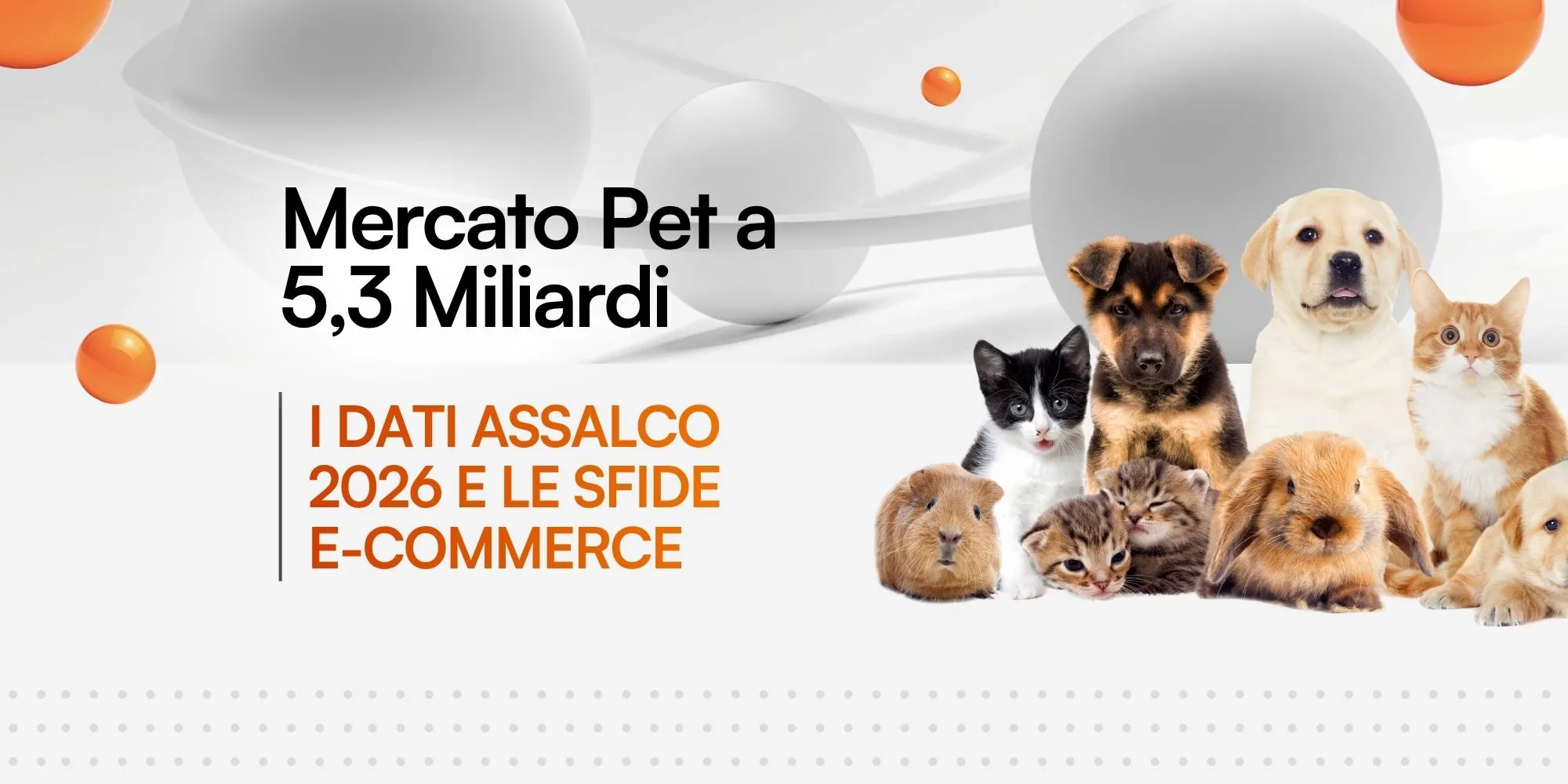 Banner con testo "Mercato Pet a 5,3 Miliardi. I dati Assalco 2026 e le sfide e-commerce" affiancato da un gruppo di cuccioli di cani, gatti e roditori.